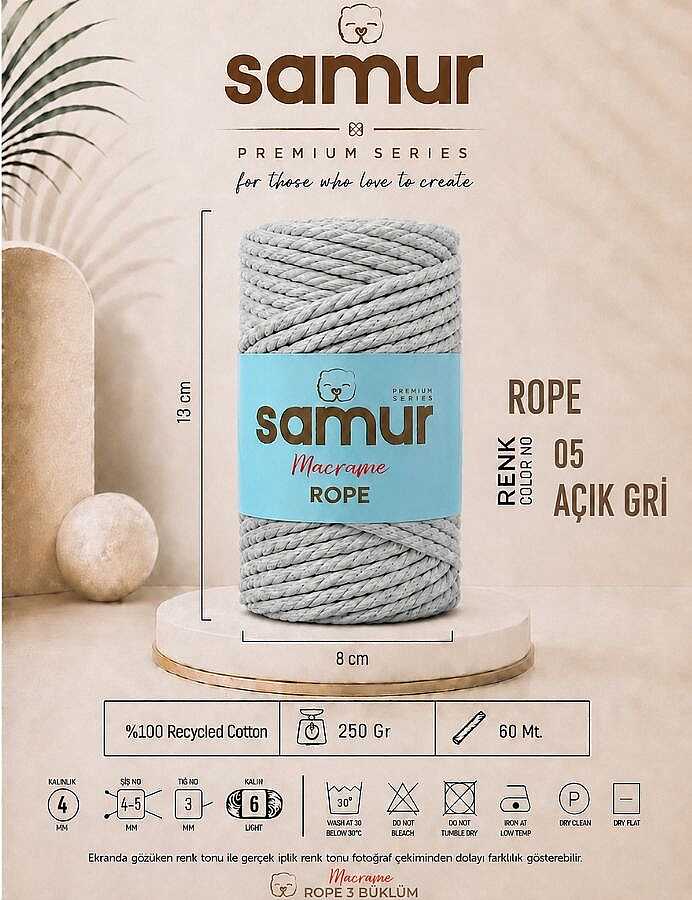 SAMUR,ROPE 3 BÜKÜM MAKROME 05 AÇIK GRİ