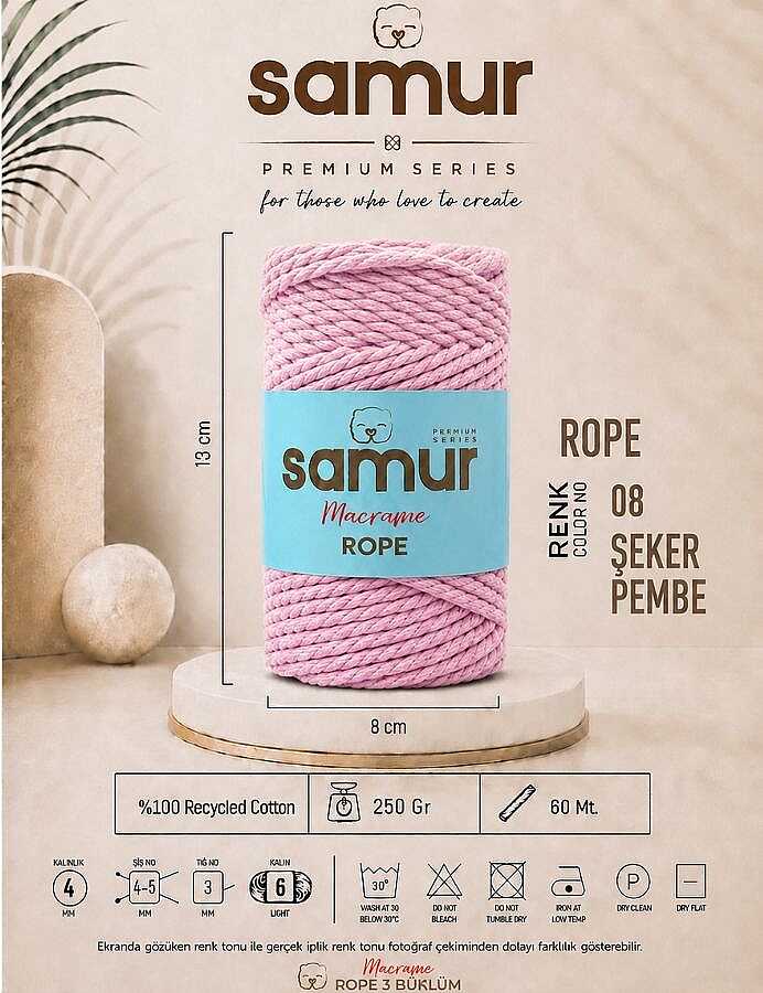 SAMUR,ROPE 3 BÜKÜM MAKROME 08 ŞEKER PEMBE