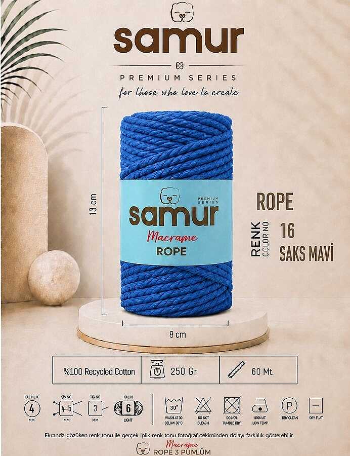 SAMUR,ROPE 3 BÜKÜM MAKROME 16 SAKS MAVİ